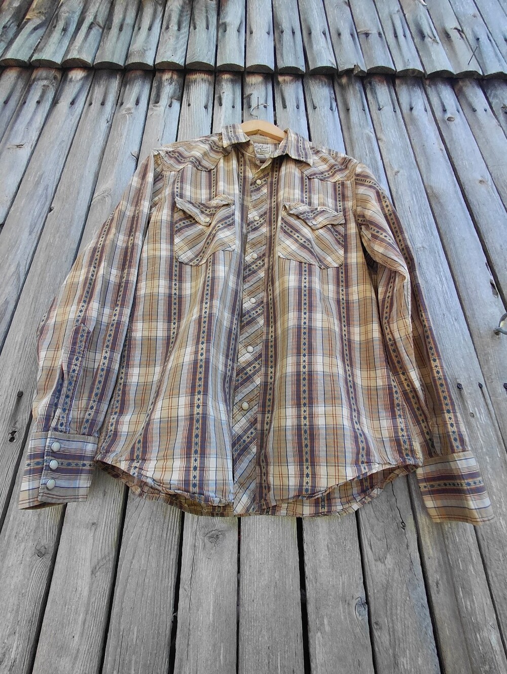 Lucky Brand western style pearl snap brown & navy blue plaid shirt Womens M - Picture 6 of 12
